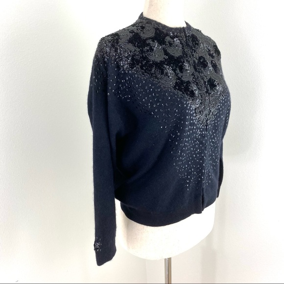 Vintage The May Co rare angora blend black sequined cardigan sweater jacket - Picture 4 of 13
